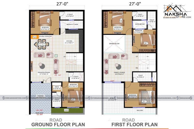 27x51 House Plan with 4 Bedrooms – Ground & First Floor Layout | Naksha Store